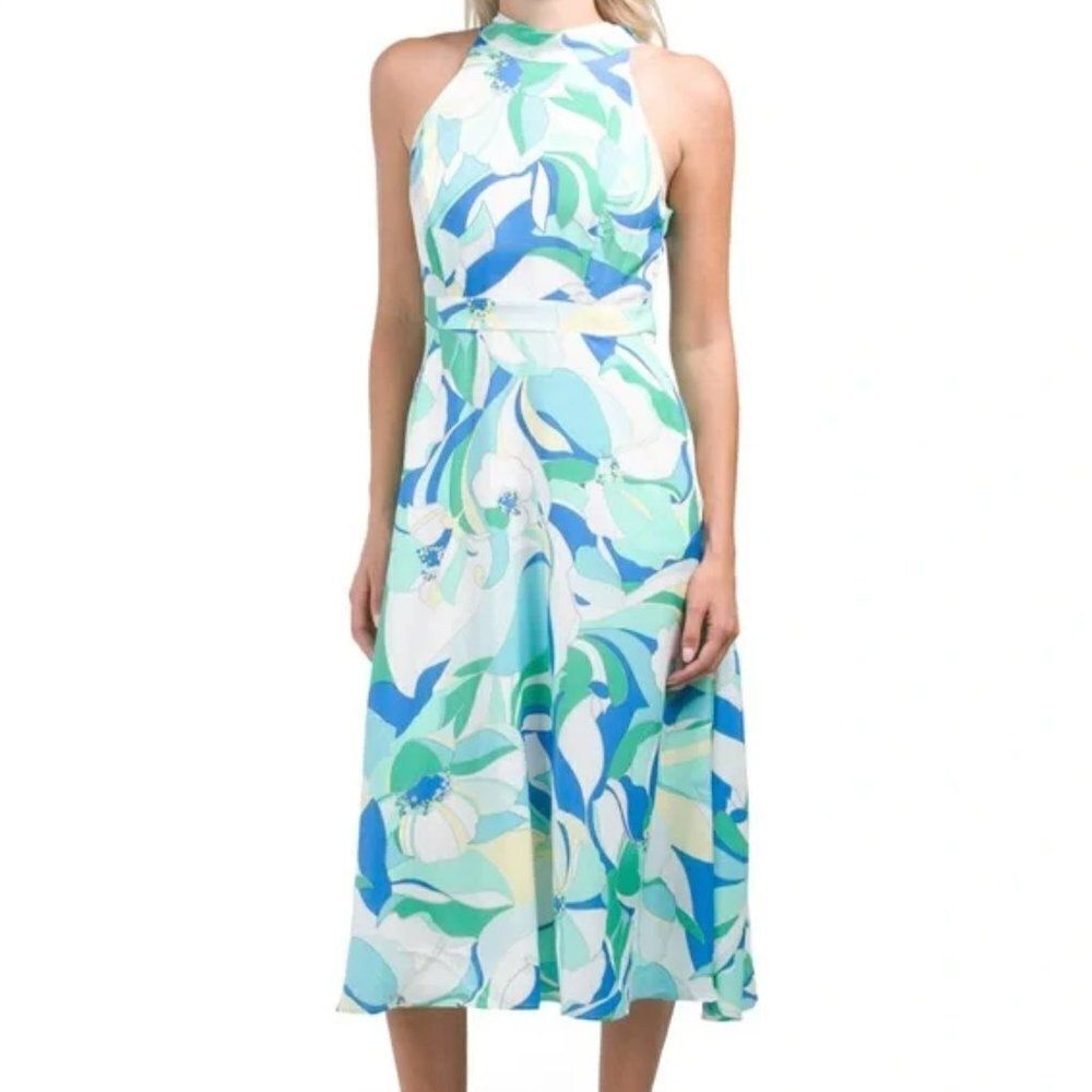 Tahari Women's Multicolor Fabric Sleeveless Printed Tie Neck Midi Dress …
